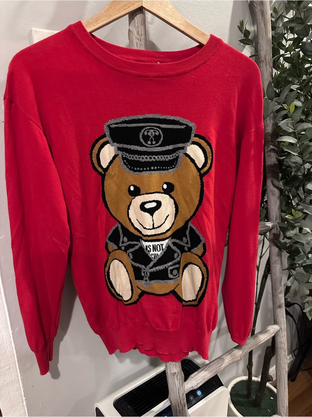 Moschino Red Crewneck Sweater with Teddy Bear Patch